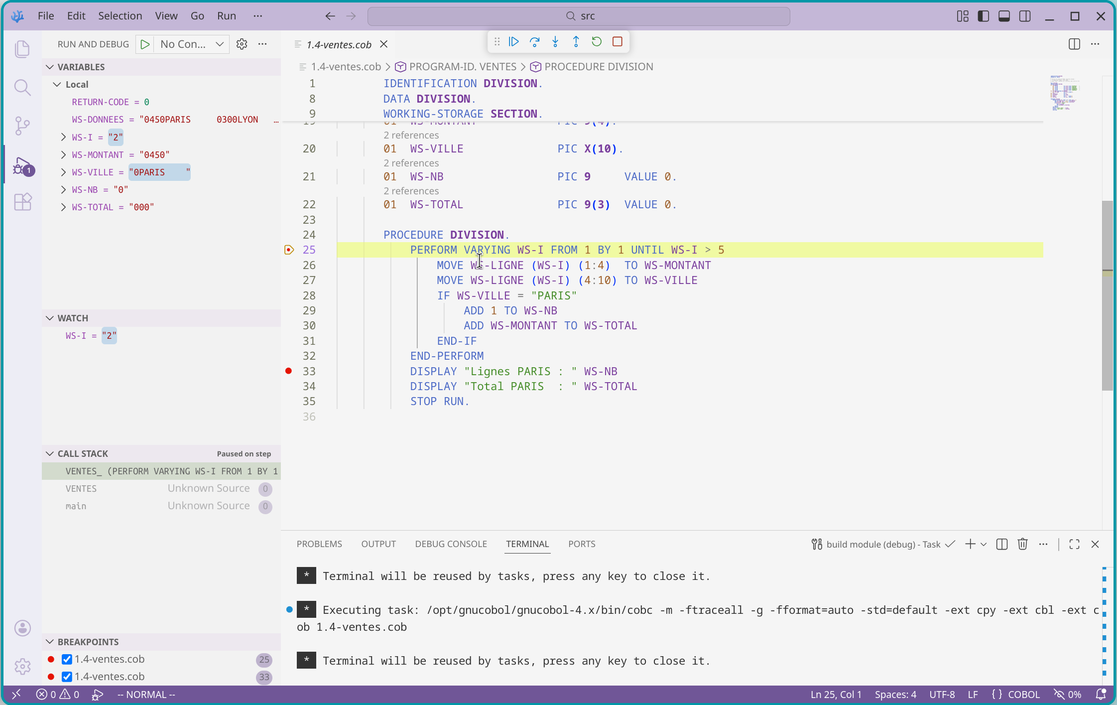 Session de débogage dans SuperBOL Studio : ligne courante surlignée, vues
Variables, Watch et Call Stack à gauche